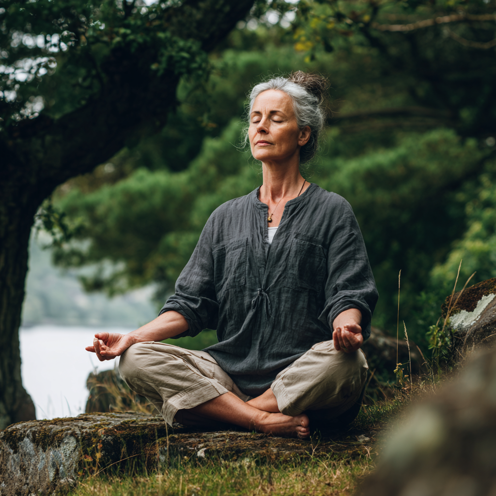 Mature woman meditating outdoors in serene natural environment