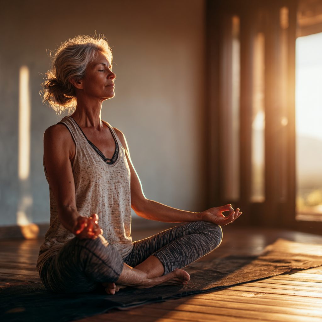 Middle-aged woman practicing yoga in peaceful morning light
